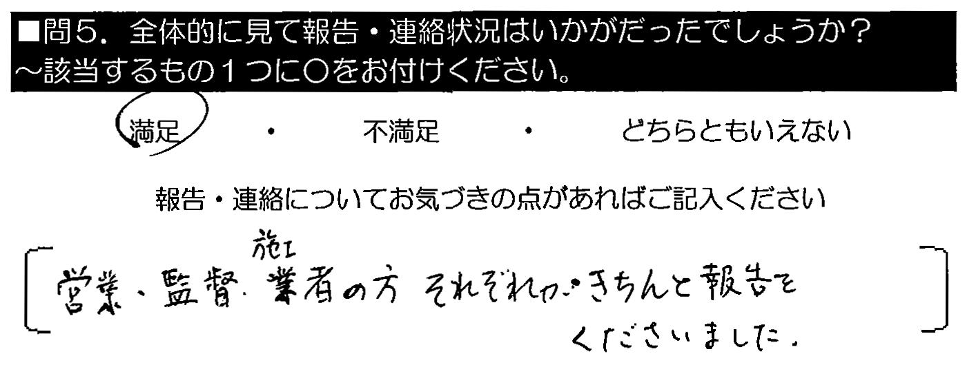 営業・監督・施工者の方それぞれが、きちんと報告をくださいました。