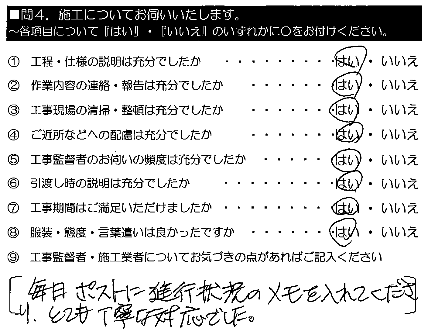 毎日ポストに進行状況のメモを入れてくださり