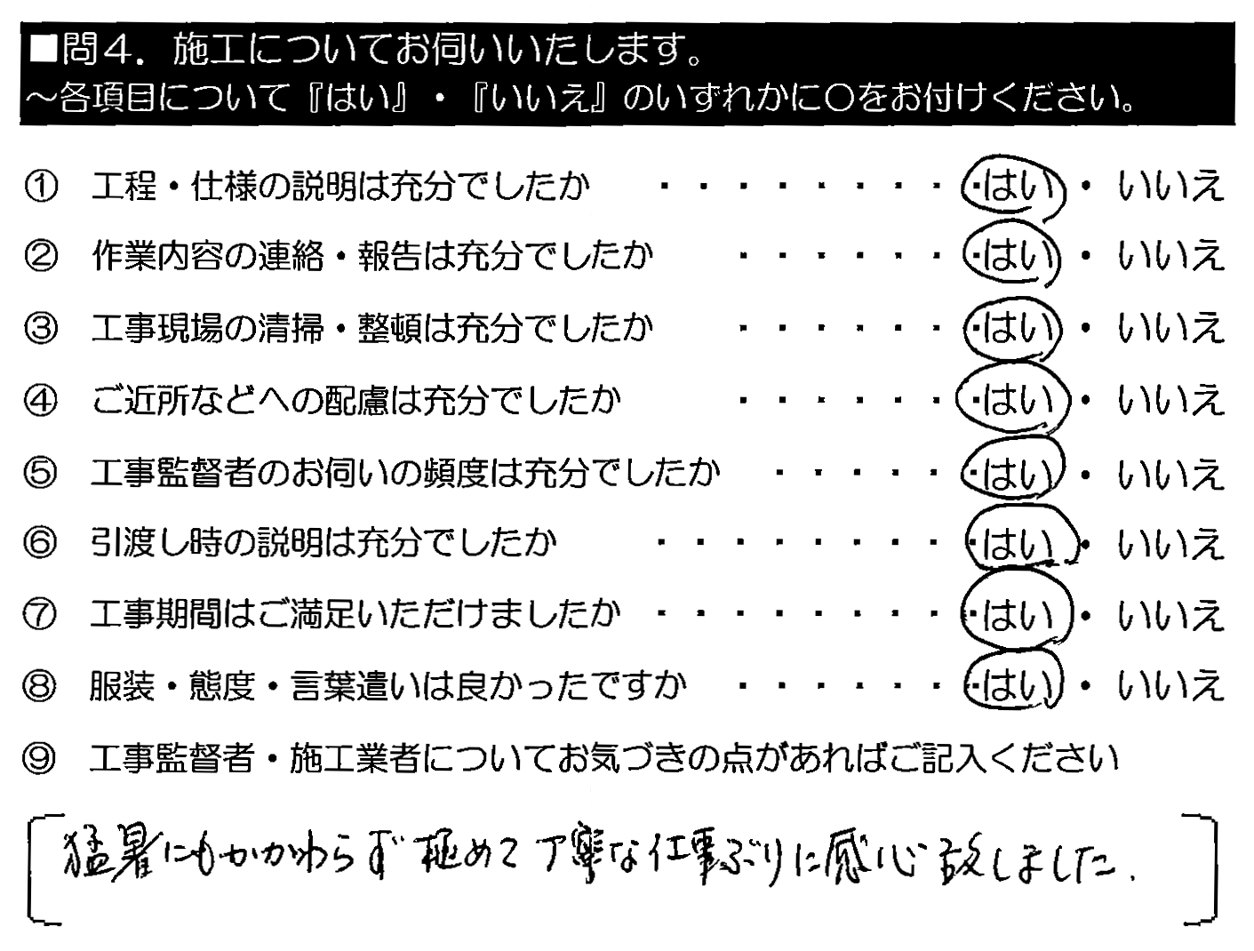 猛暑にもかかわらず、極めて丁寧な仕事ぶりに感心致しました。