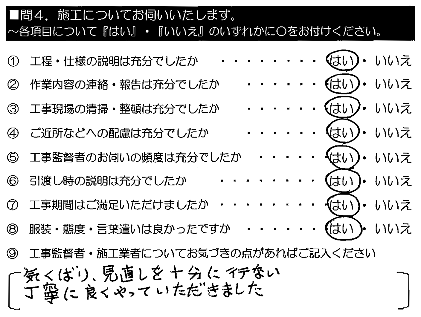 気くばり・見直しを十分に行い、丁寧に良くやっていただきました。