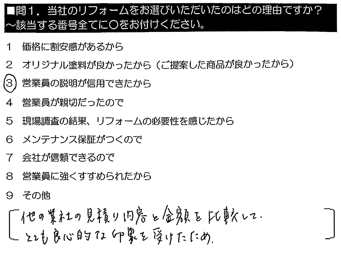 他の業者の見積もり内容と金額を比較して、とても良心的な印象を受けたため。