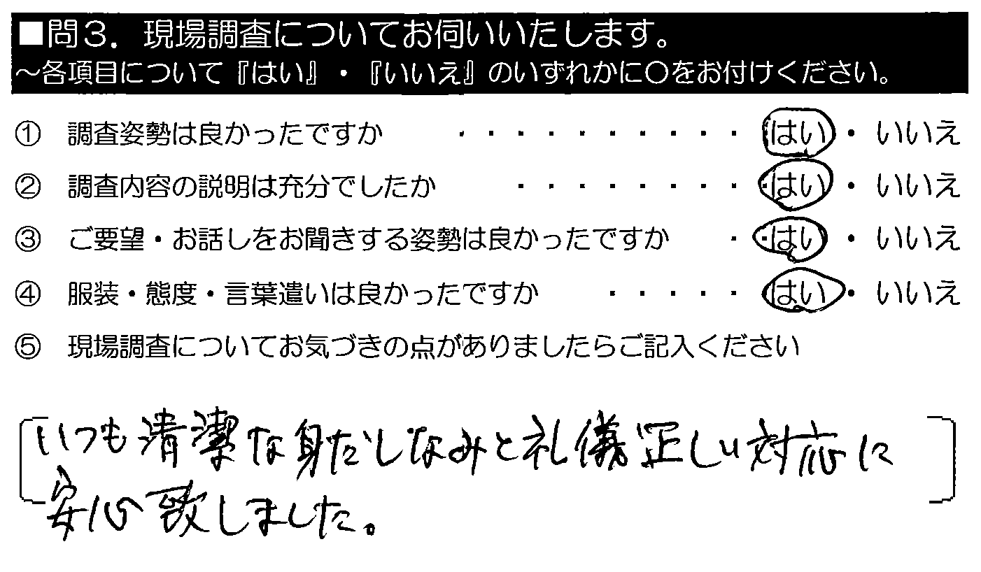 いつも清潔な身だしなみと礼儀正しい対応に安心致しました。