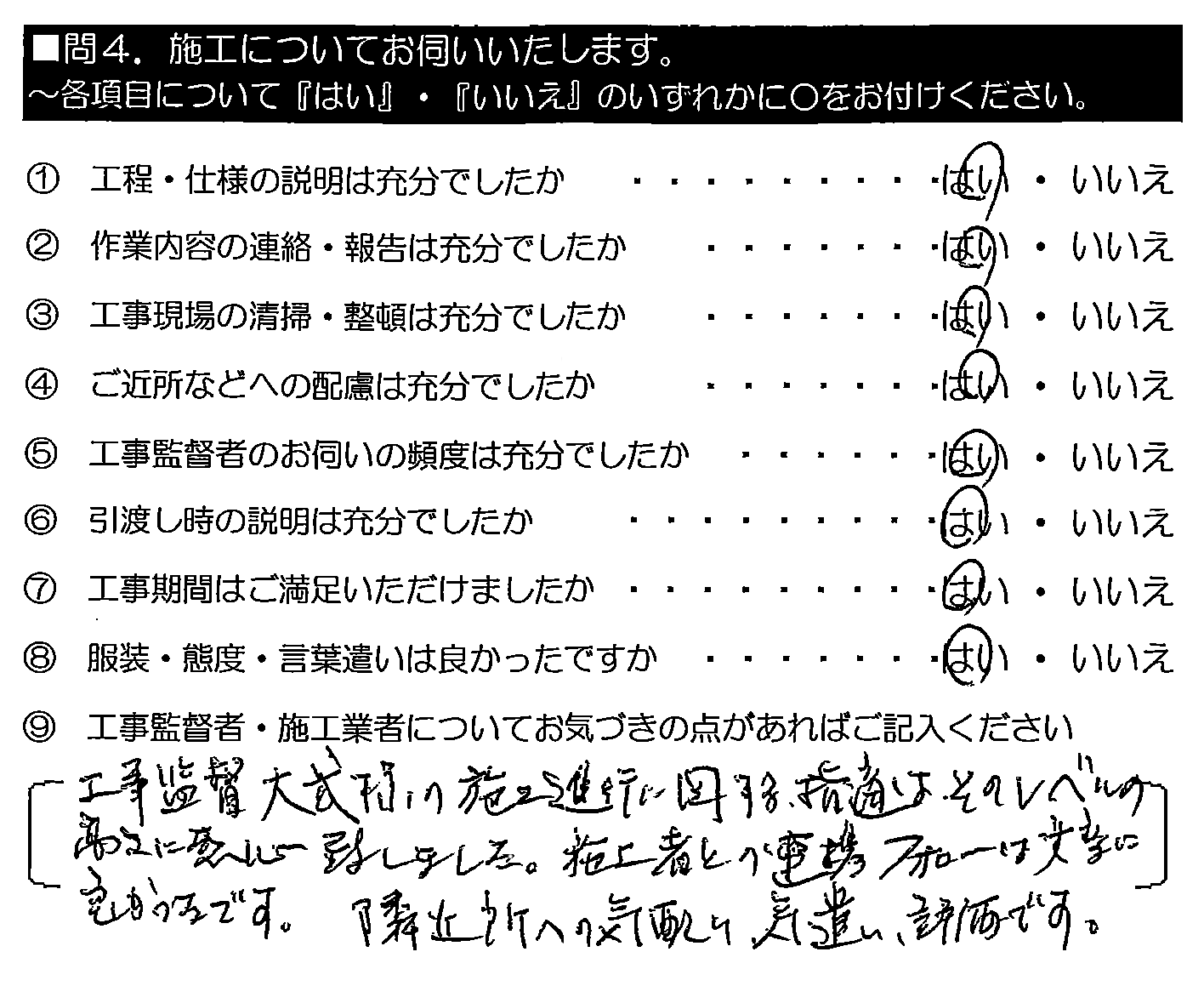 工事監督大武様の施工進行に関する指摘は、そのレベルの高さに関心致しました。