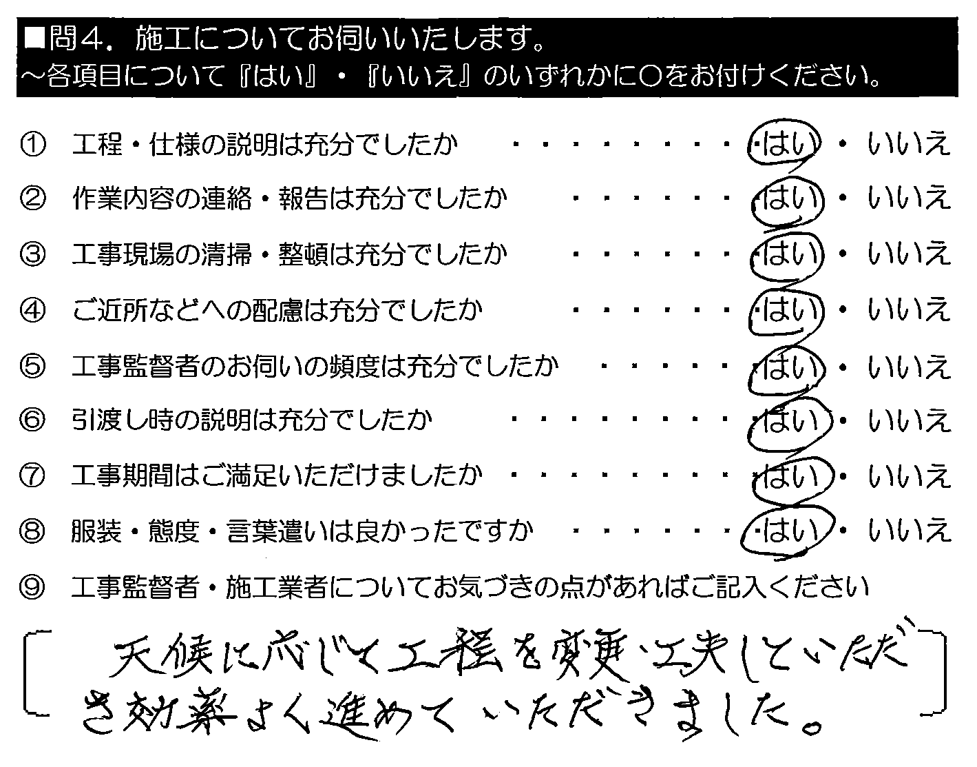 天候に応じて工程を変更・工夫していただき