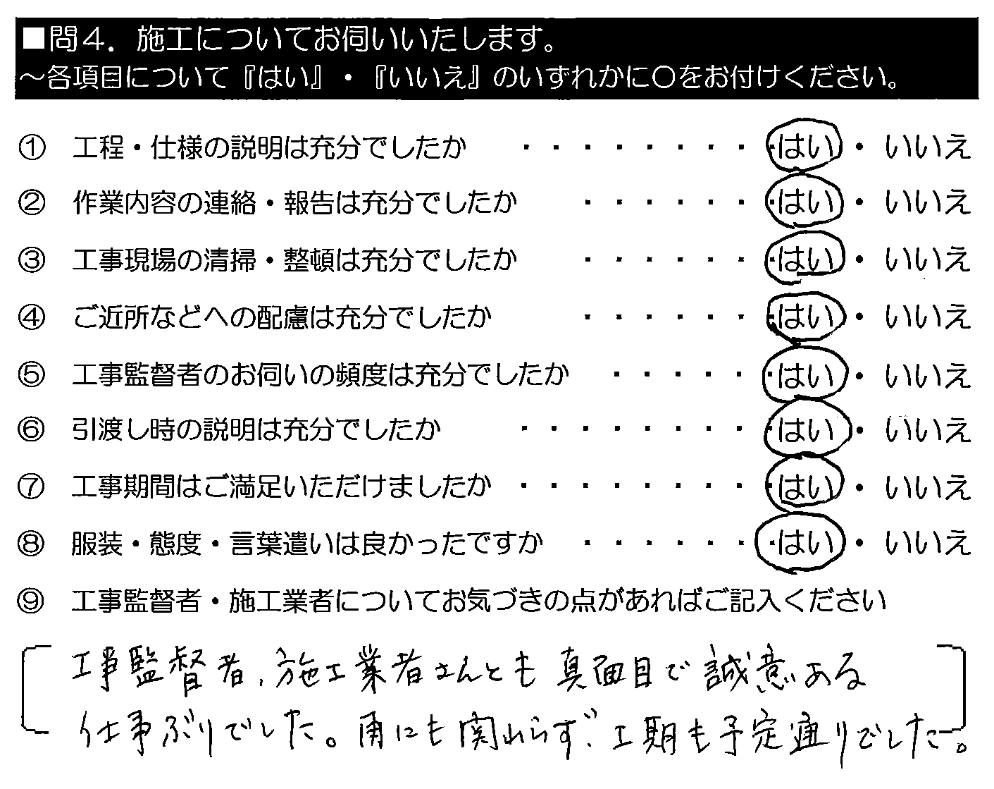 工事監督者・施工業者さんとも真面目で誠意ある仕事ぶり