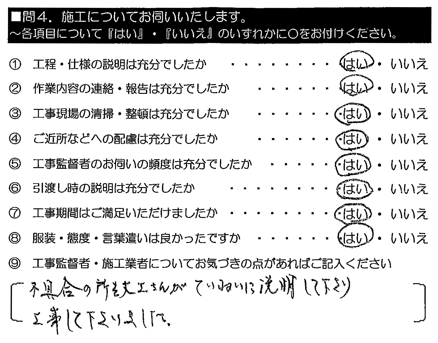 不具合の所を大工さんがていねいに説明して下さり工事して下さいました。