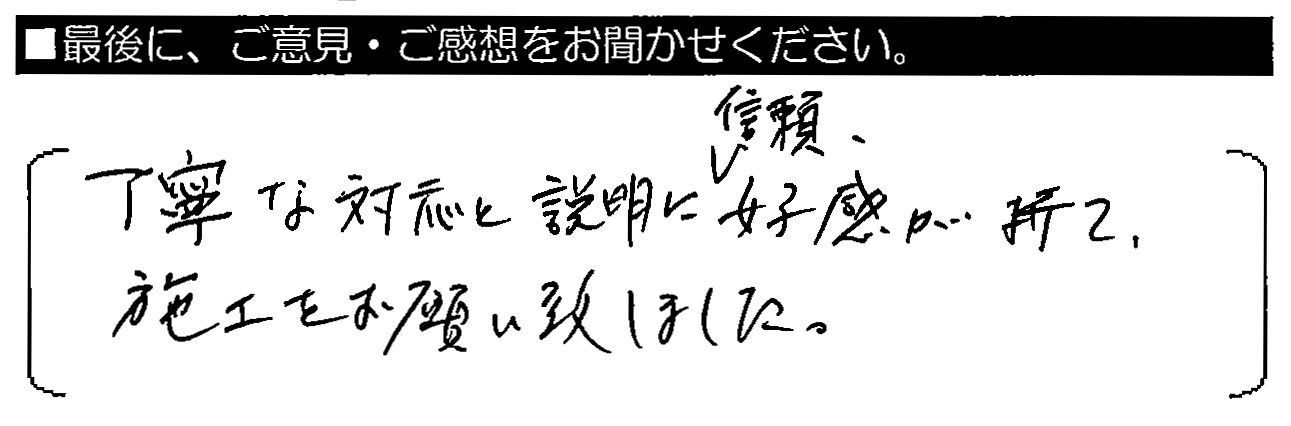 丁寧な対応と説明に信頼・好感が持て、施工をお願い致しました。