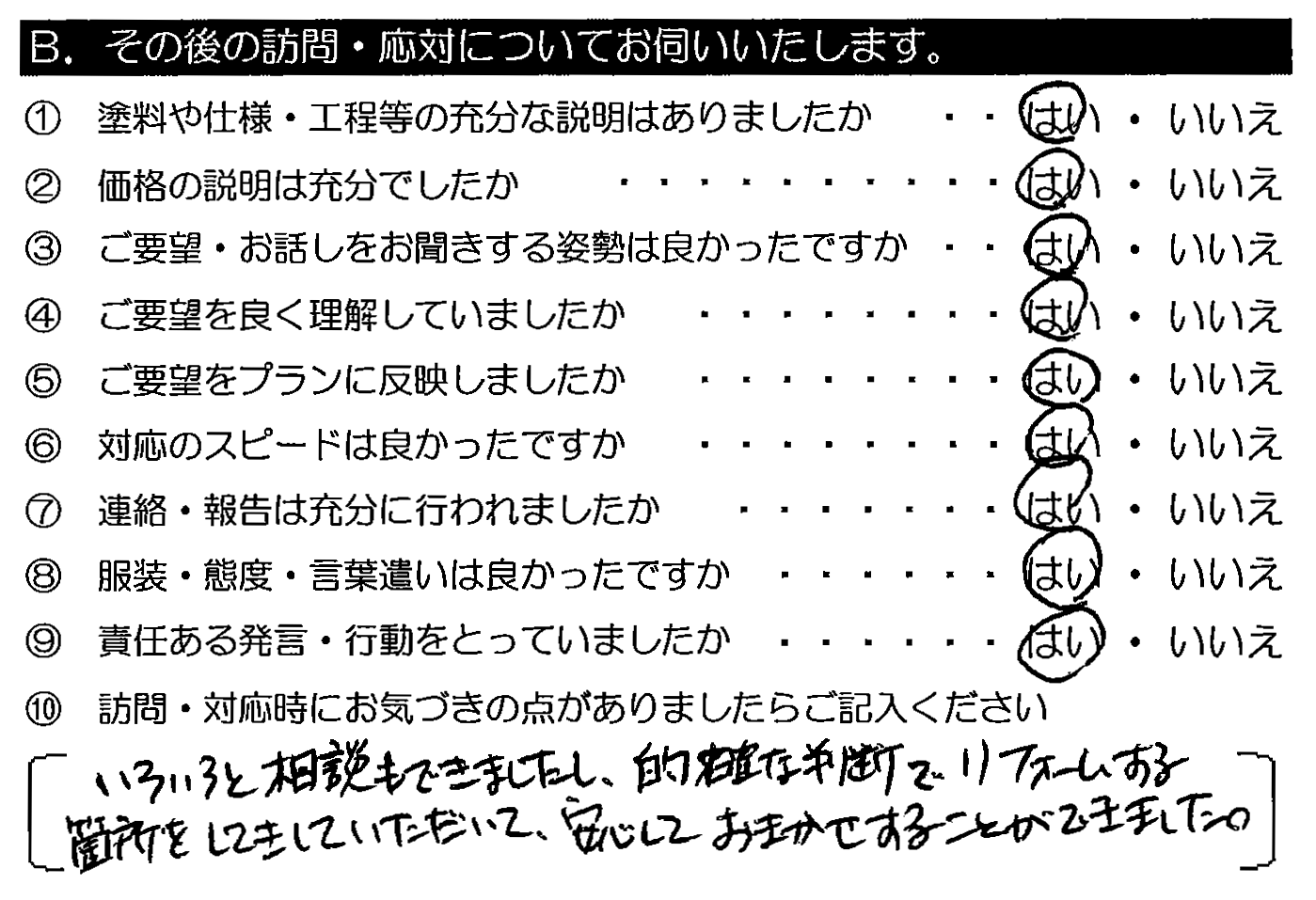 いろいろと相談もできましたし、的確な判断でリフォームする箇所を指摘していただいて、安心して