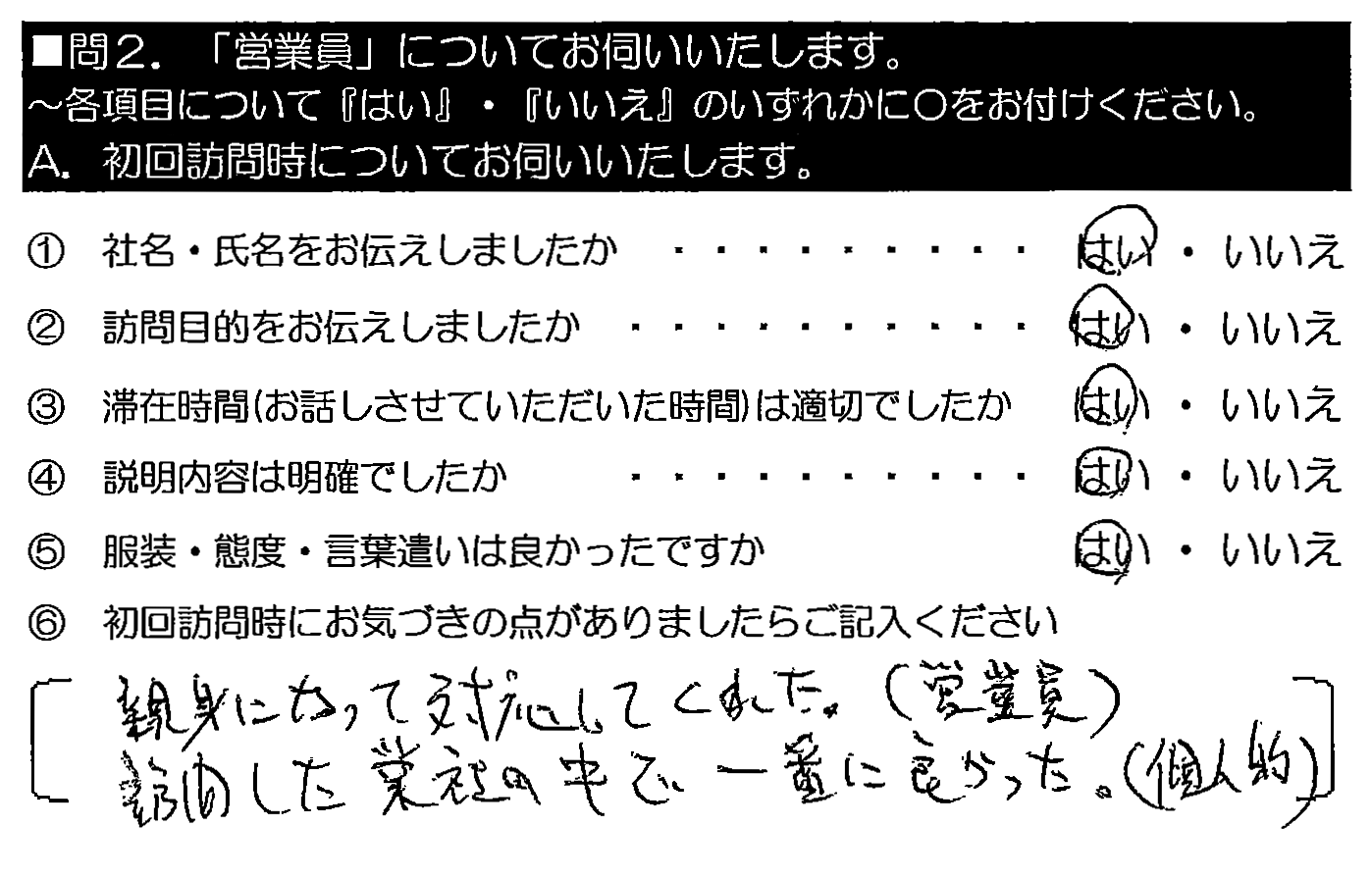 親身になって対応してくれた（営業員）