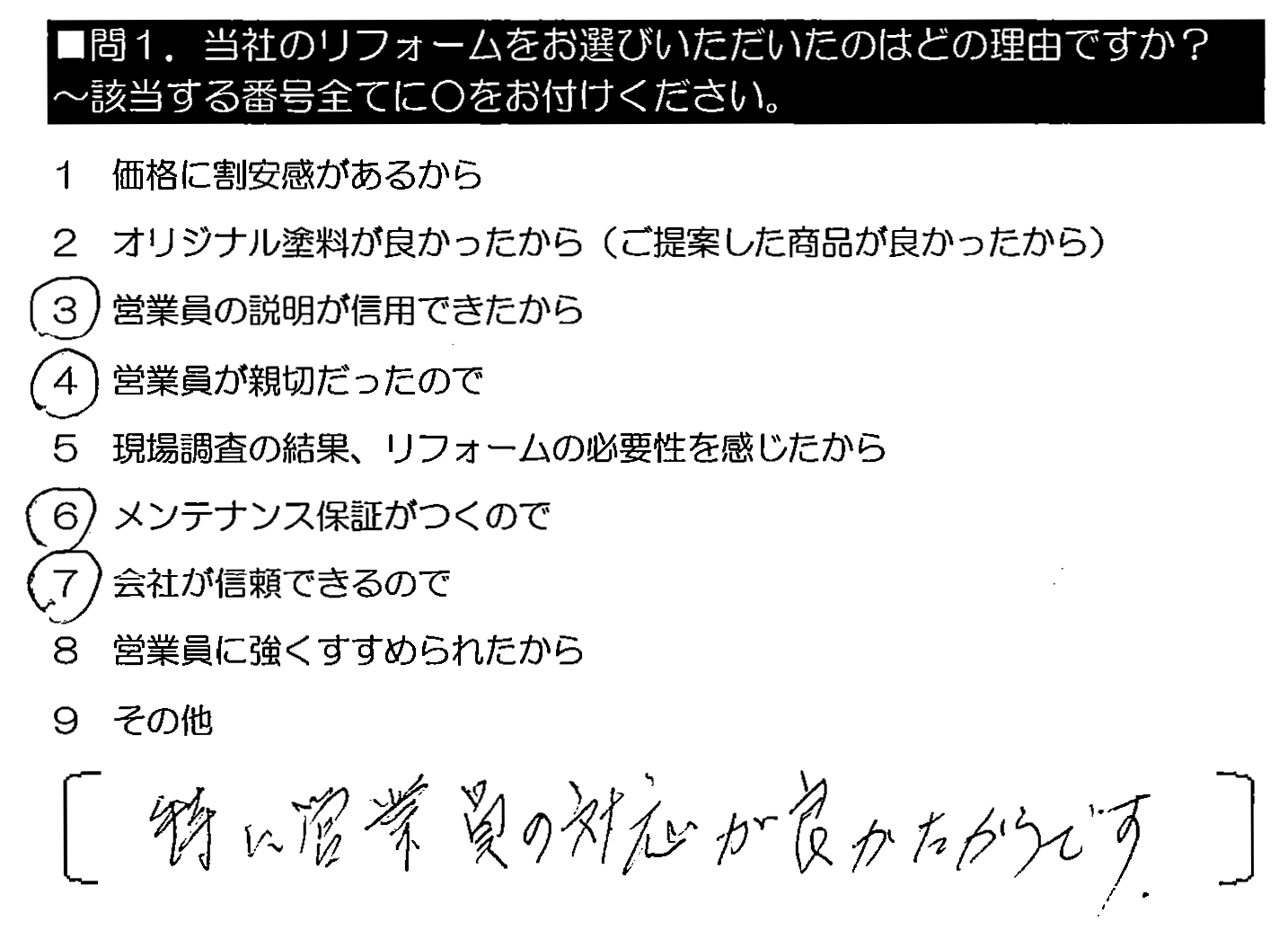 特に営業員の対応が良かったからです。