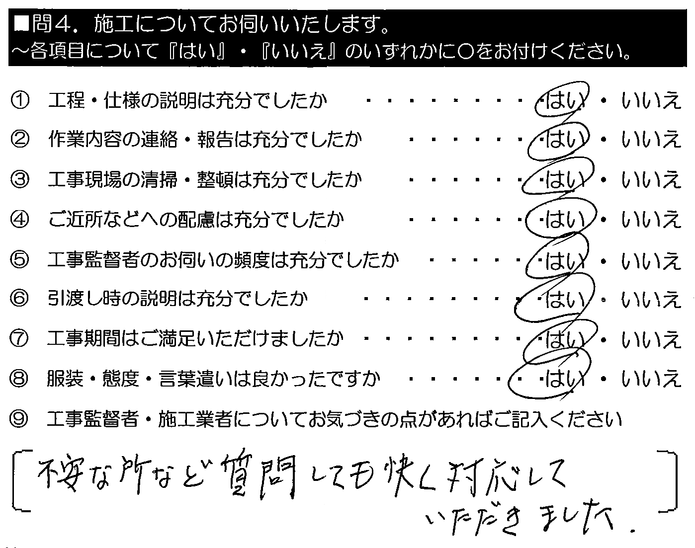 不安な所など質問しても快く対応していただきました。