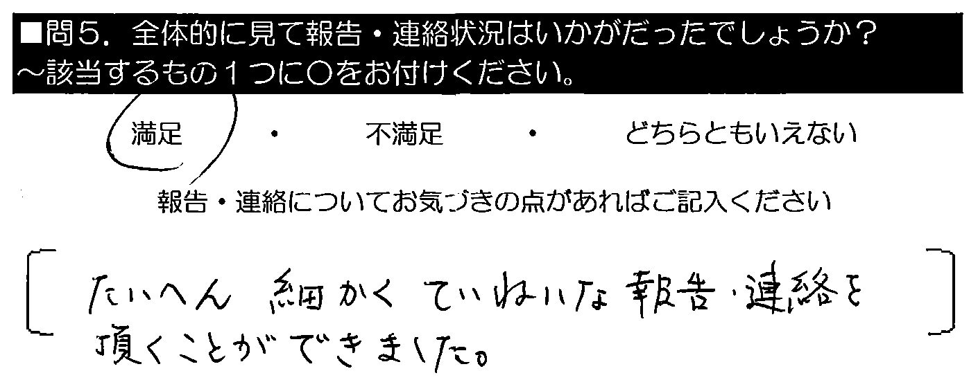 たいへん細かくていねいな報告・連絡を頂くことができました。