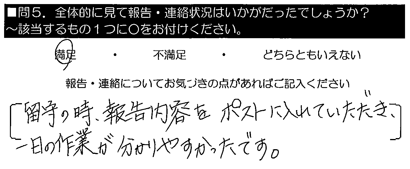 留守の時、報告内容をポストに入れていただき、一日の作業が分かりやすかったです。