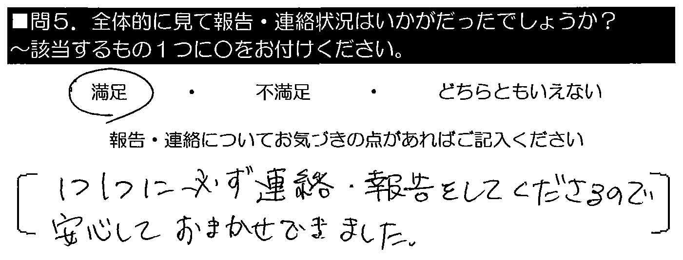 1つ1つに必ず連絡・報告をしてくださるので、安心しておまかせできました。