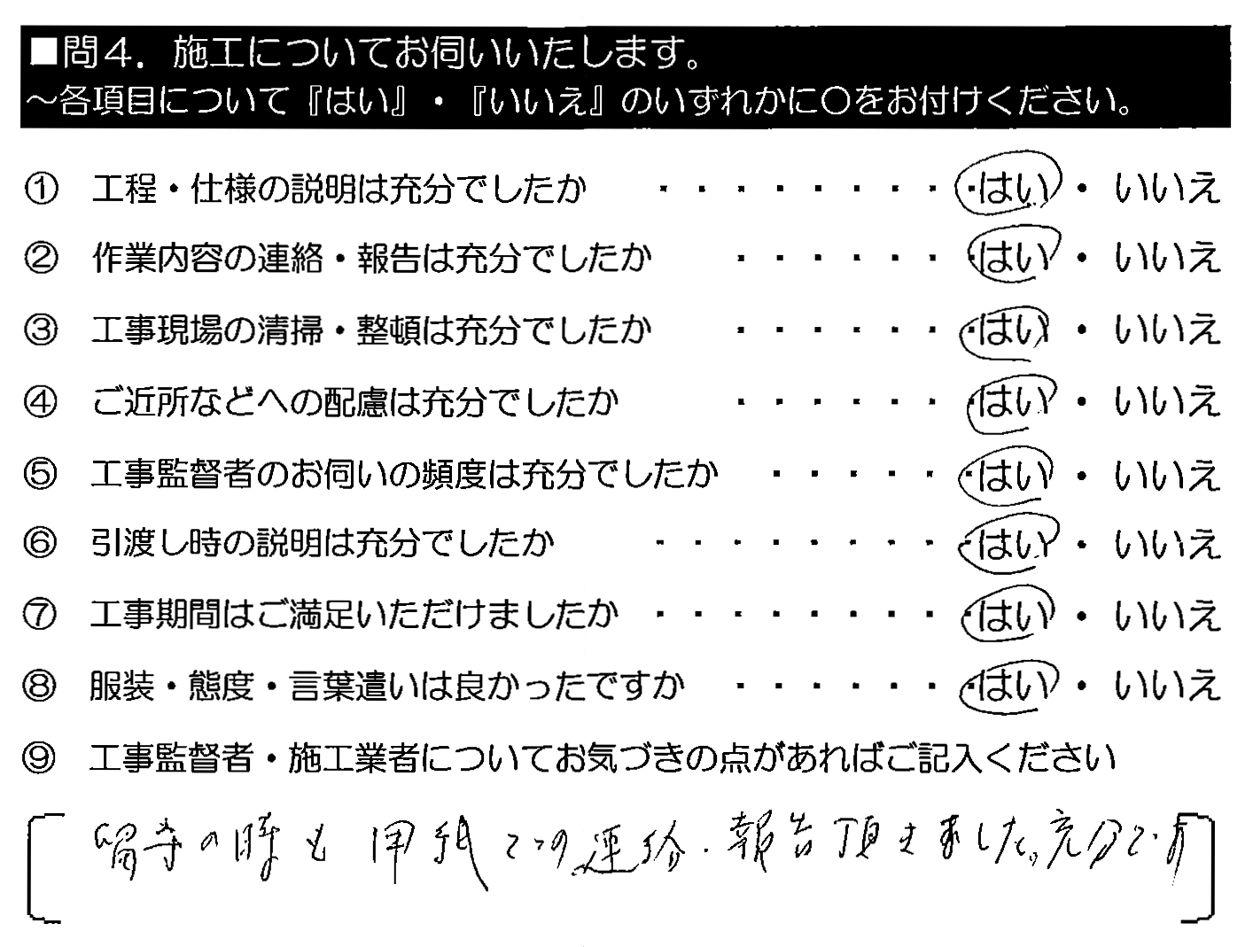 留守のときも用紙で連絡・報告いただきました。充分です。