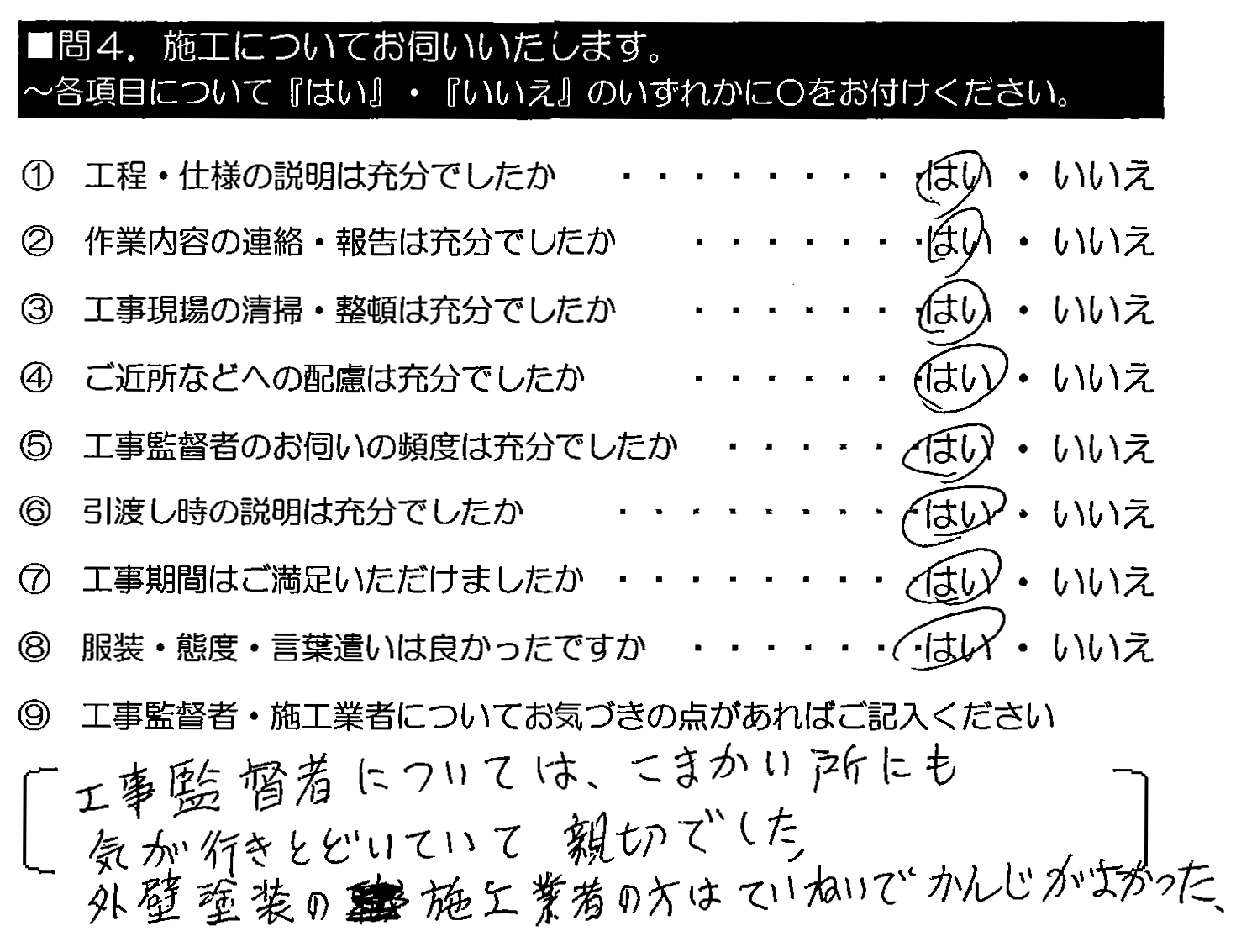 工事監督者については、こまかい所にも気が行きとどいていて親切でした。外壁塗装の施工業者の方はていねいでかんじがよかった。