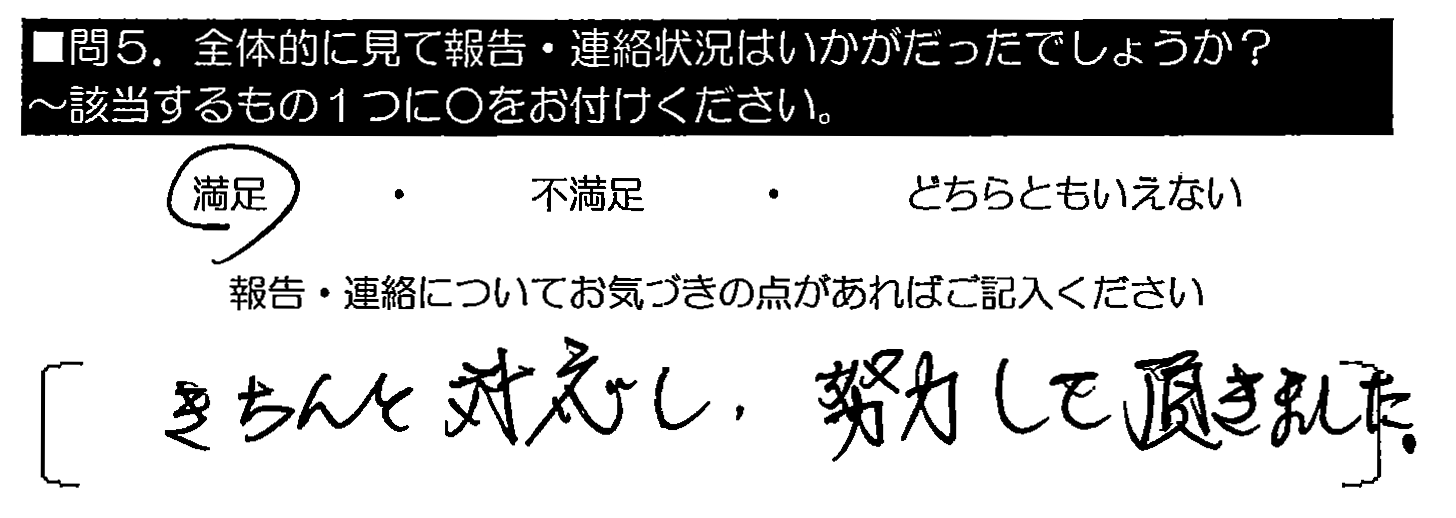 きちんと対応し、努力して頂きました。