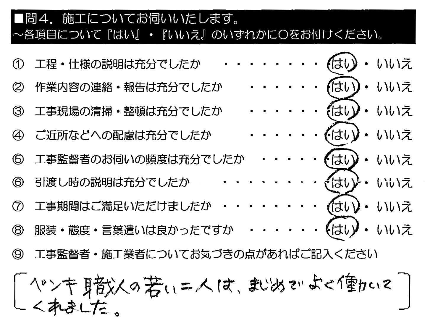 ペンキ職人の若い二人は、まじめでよく働いてくれました。