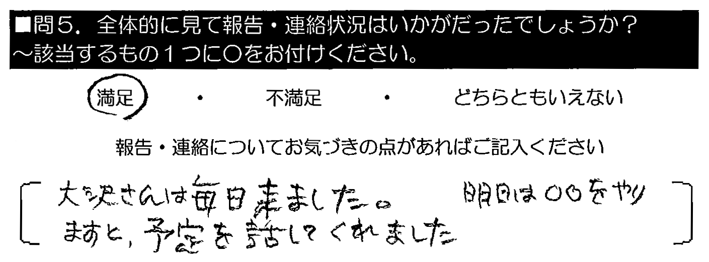 大沢さんは毎日来ました。明日は◯◯をやりますと、予定を話してくれました。