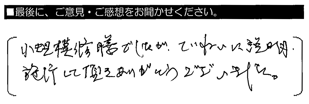 小規模修繕でしたが、ていねいに説明・施工して頂きありがとうございました。