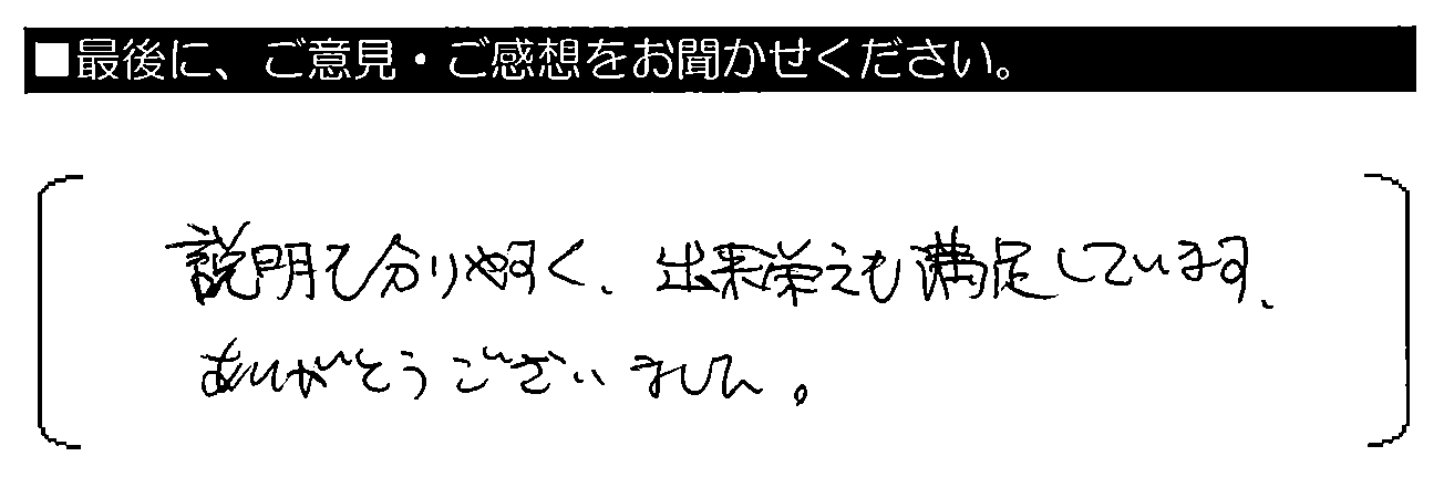 説明も分かりやすく、出来栄えも満足しています。ありがとうございました。