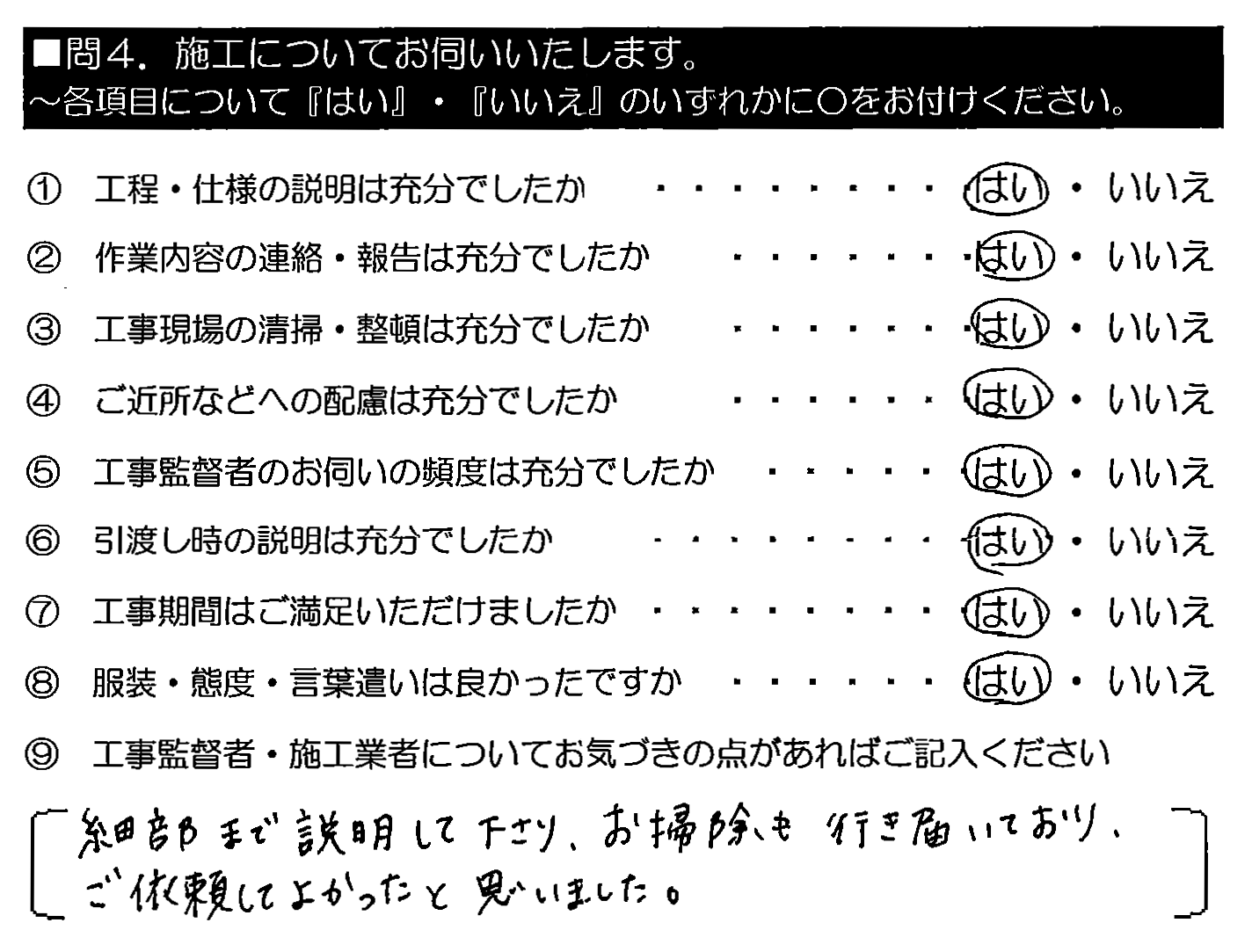 細部まで説明して下さり、お掃除も行き届いており、ご依頼してよかったと思いました。