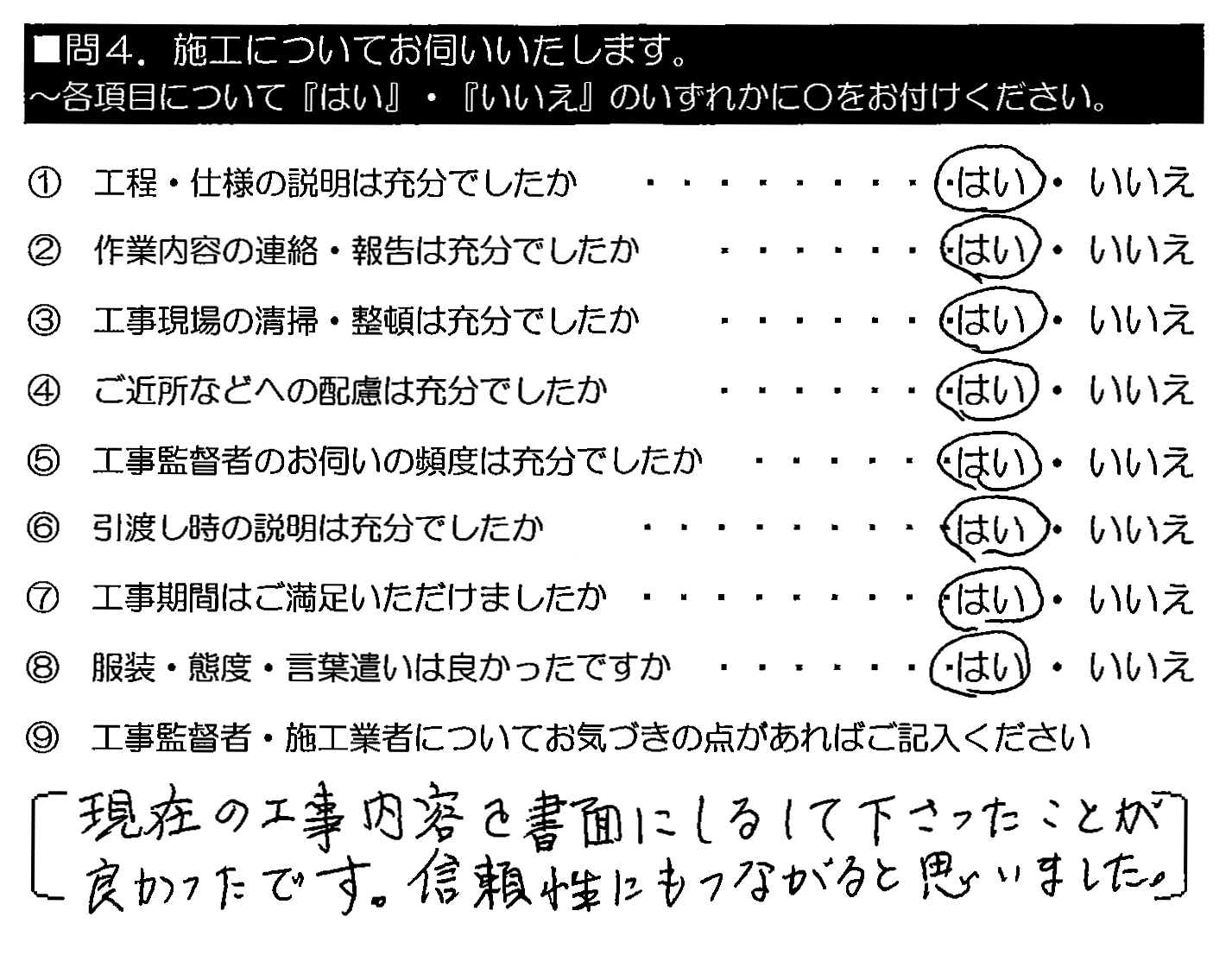 現在の工事内容を書面にしるして下さったことが良かったです。信頼性にもつながると思いました。