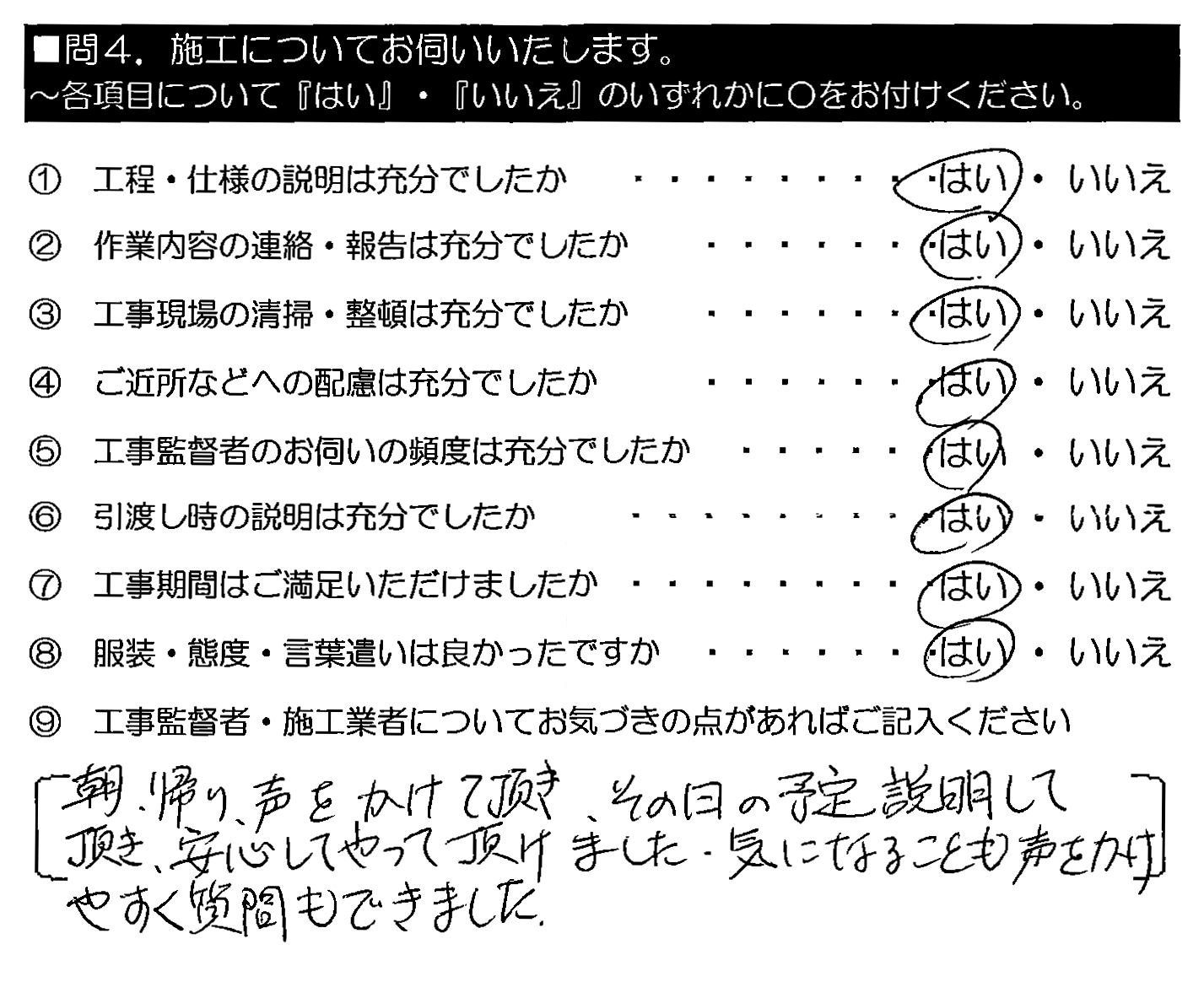 朝・帰り、声をかけて頂き、その日の予定説明して頂き、安心してやって頂けました。気になることも声をかけやすく質問もできました。