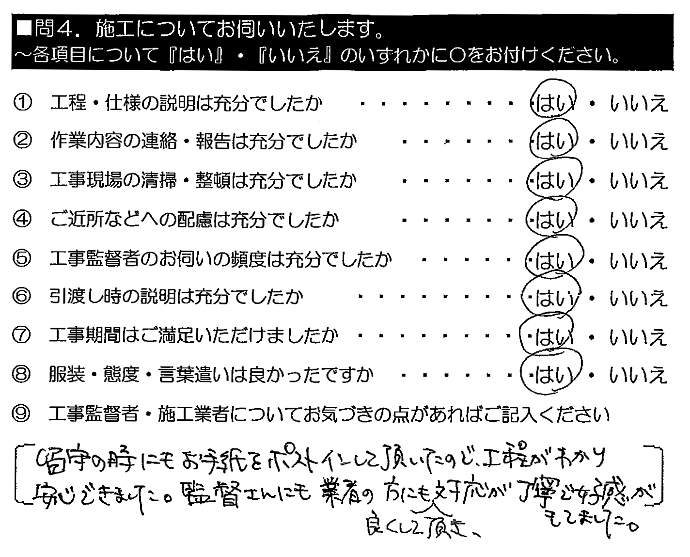 留守の時にもお手紙をポストインして頂いたので、工程がわかり安心できました。監督さんにも業者の方にも良くして頂き、対応が丁寧で好感がもてました。