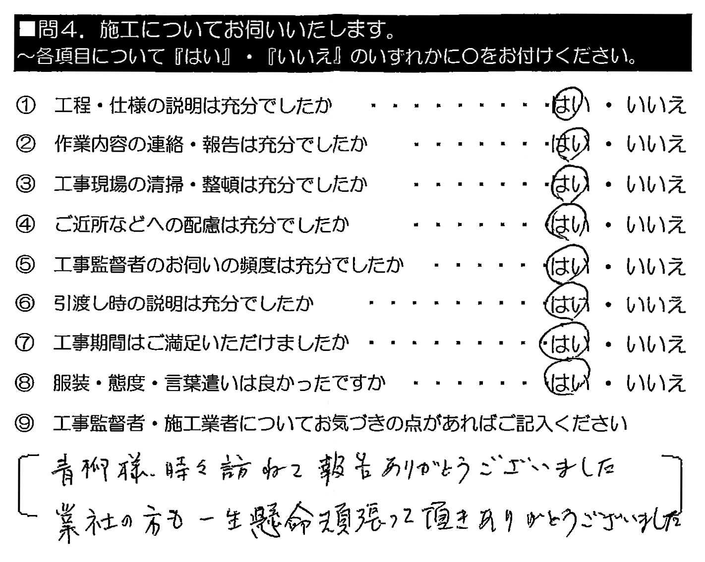 青柳様、時々訪ねて報告ありがとうございました。業者の方も一生懸命頑張って頂きありがとうございました。