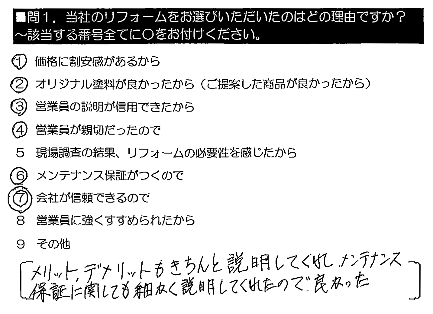 メリット・デメリットもきちんと説明してくれ、メンテナンス保証に関しても細かく説明してくれたので、良かった。