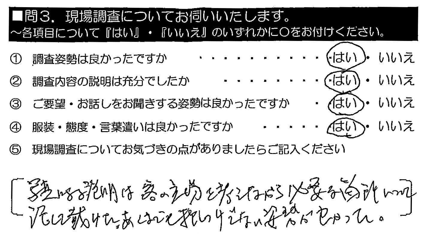 写真による説明は客の立場を考えながら必要な箇所について話して戴けた。あくまでも押しつけでない姿勢が良かった。