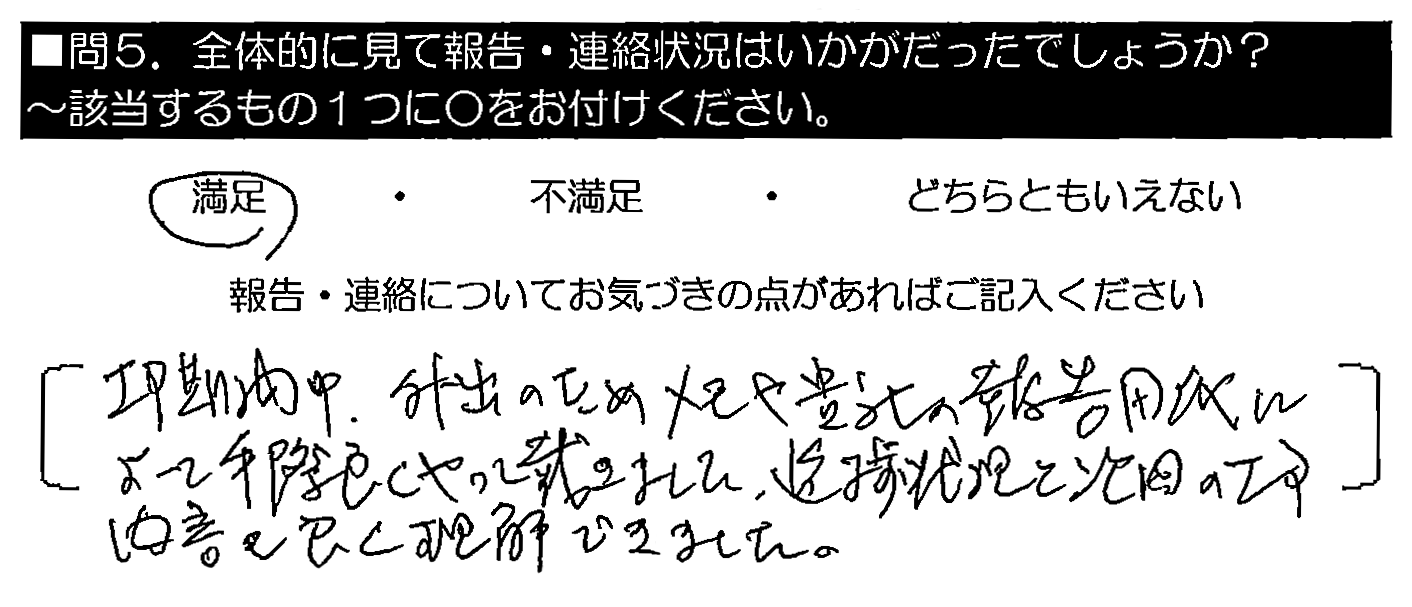 工事期間中、外出のためメモや貴社の報告用紙によって手際良くやって戴きました。進捗状況と次回の工事内容も良く理解できました。