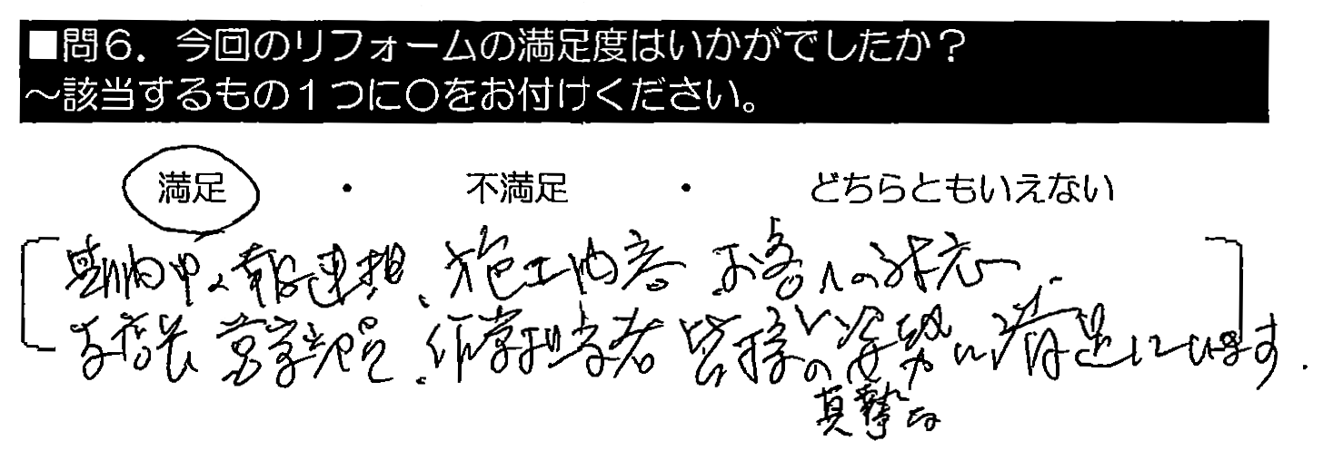 期間中の報連相・施工内容・お客への対応、支店長・営業社員・作業担当者皆様の真摯な姿勢に満足しています。