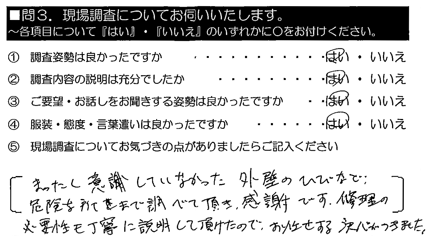 まったく意識していなかった外壁のひびなど、危険な所まで調べて頂き、感謝です。修理の必要性も丁寧に説明して頂けたので、お任せする決心がつきました。