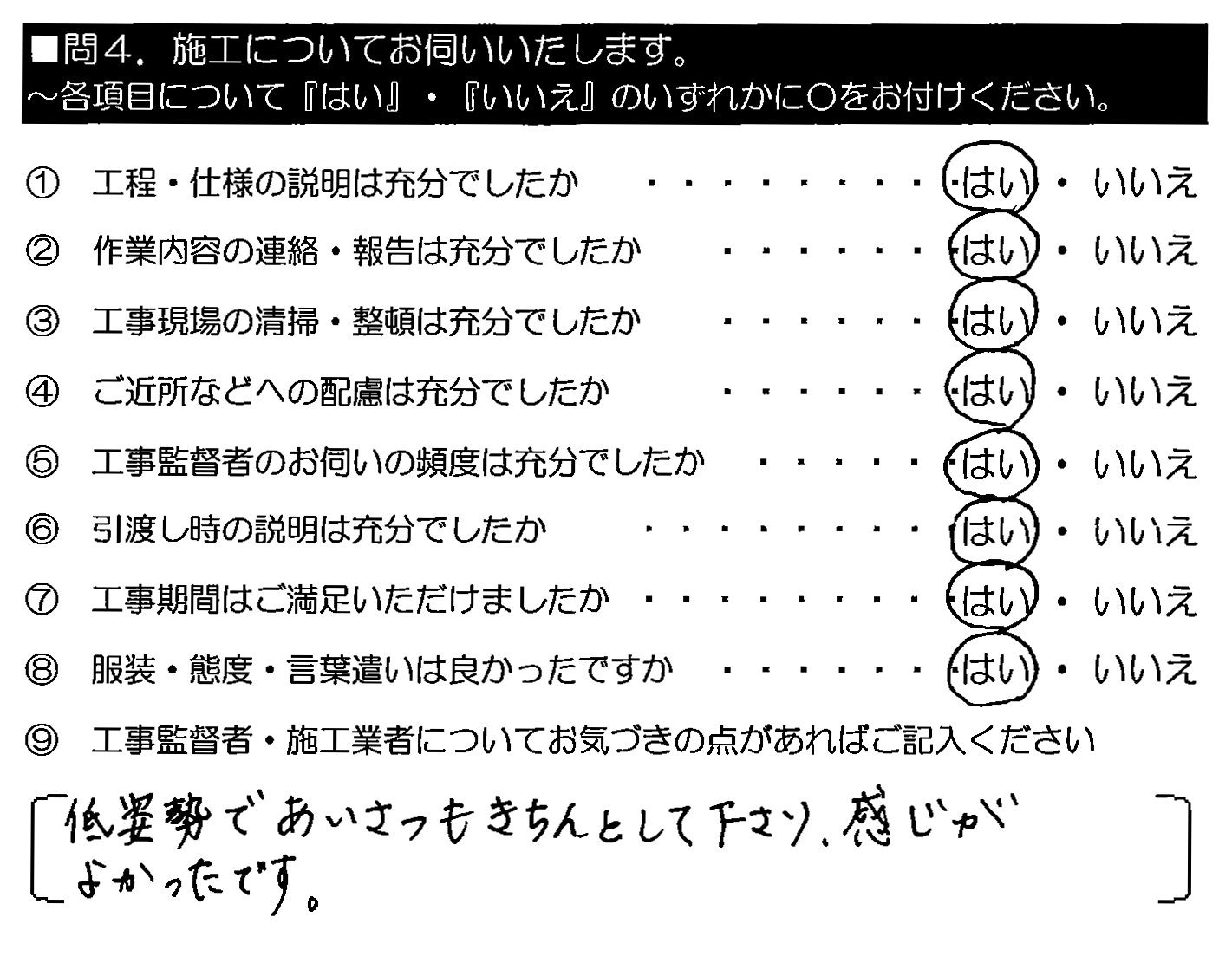 低姿勢であいさつもきちんとして下さり、感じがよかったです。