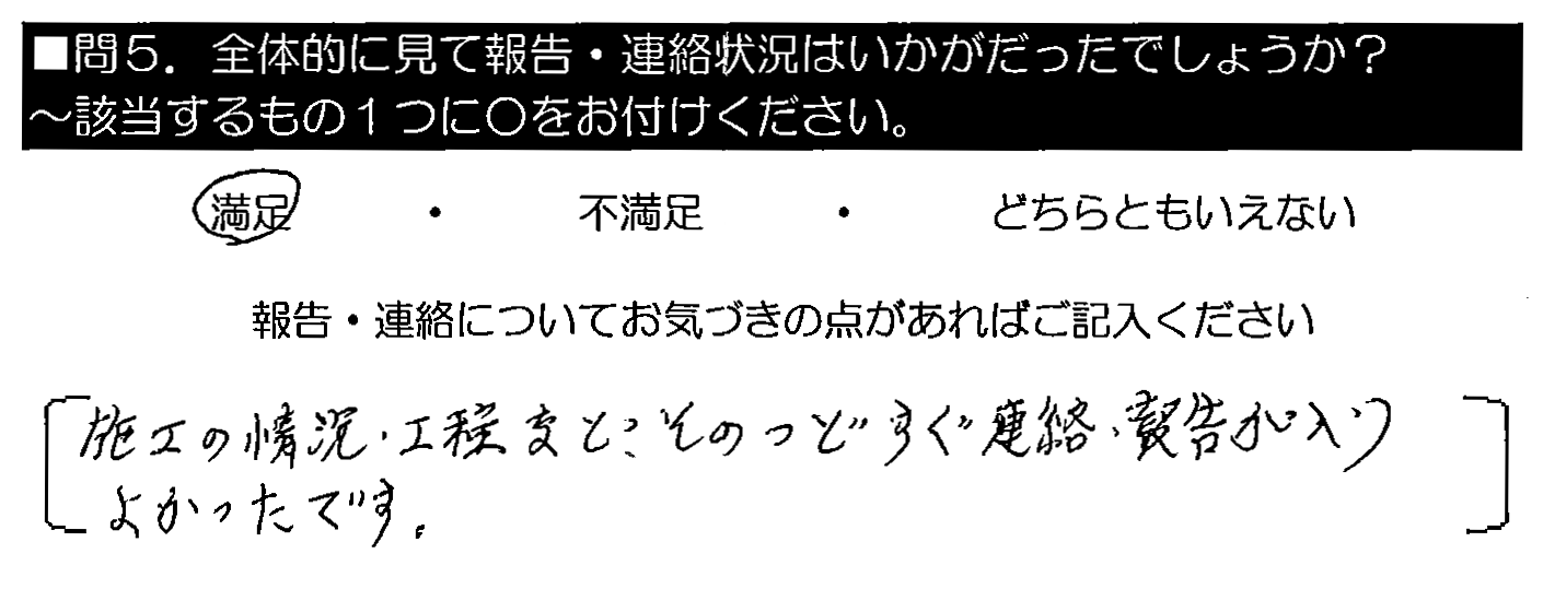 施工の情況・工程など、そのつどすぐ連絡・報告が入りよかったです。