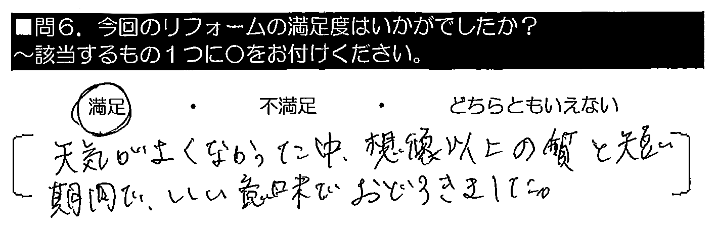 天気がよくなかった中、想像以上の質と短い期間で、いい意味でおどろきました。