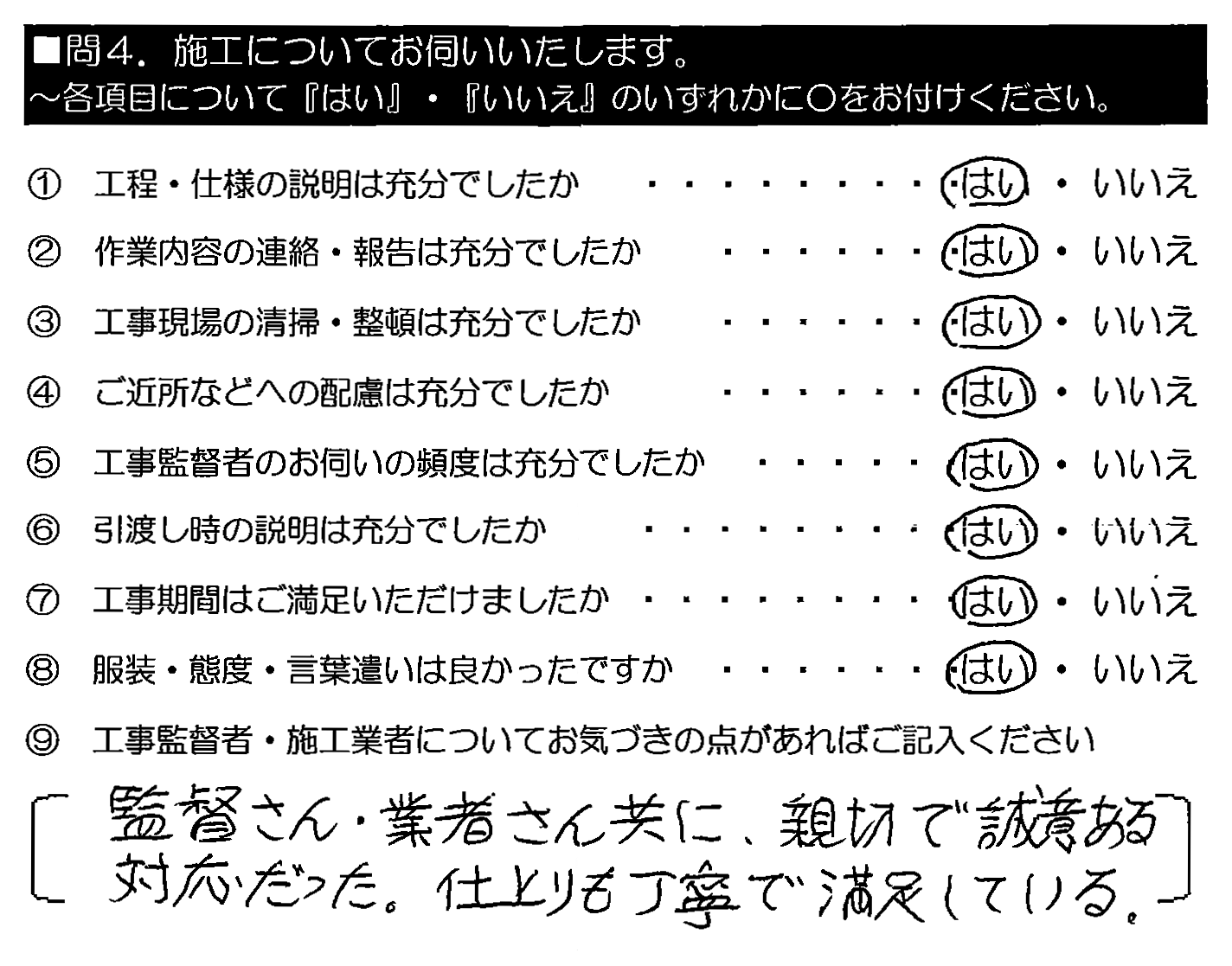 監督さん・業者さん共に、親切で誠意ある対応だった。仕上がりも丁寧で満足している。