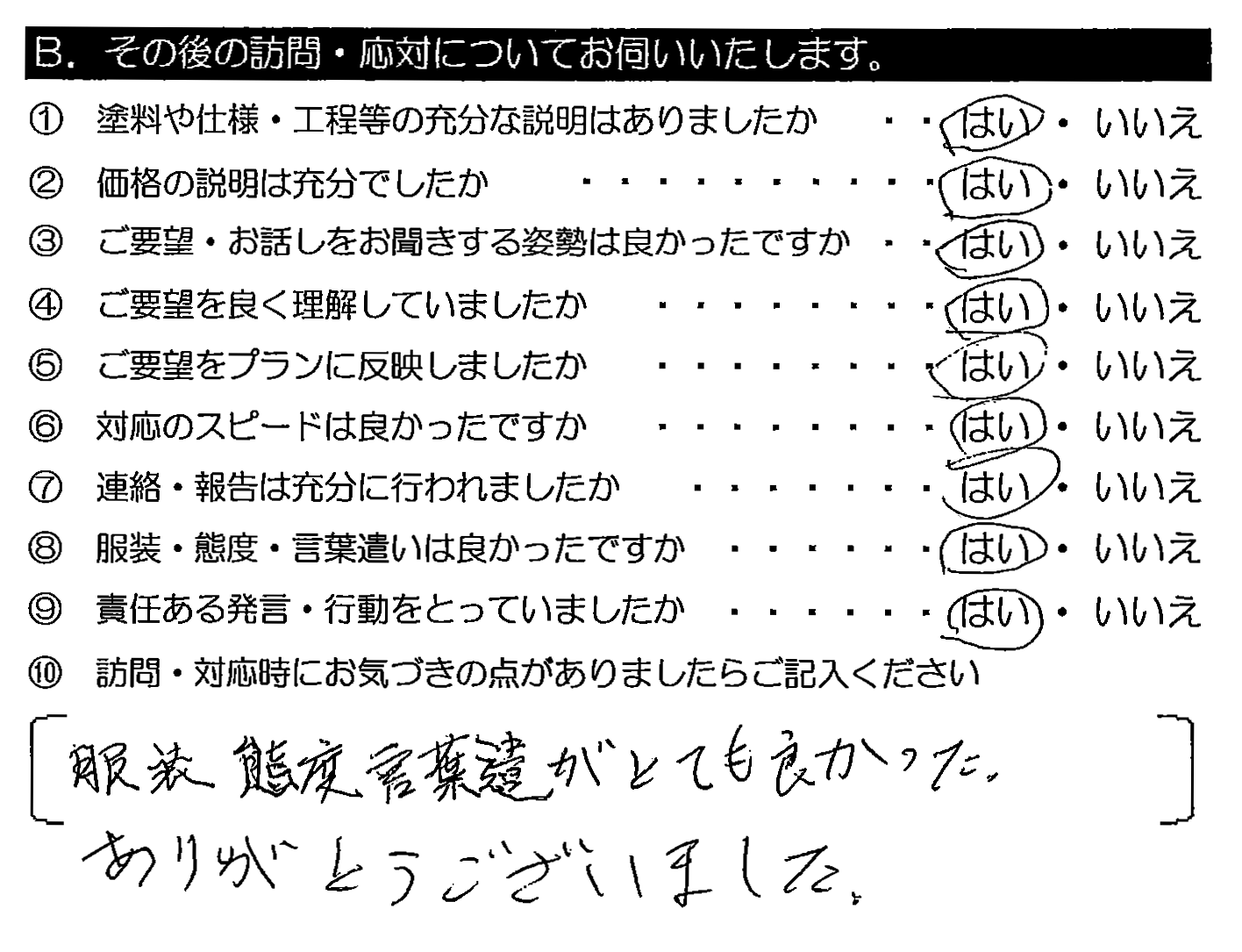 服装・態度・言葉遣いがとても良かった。ありがとうございました。