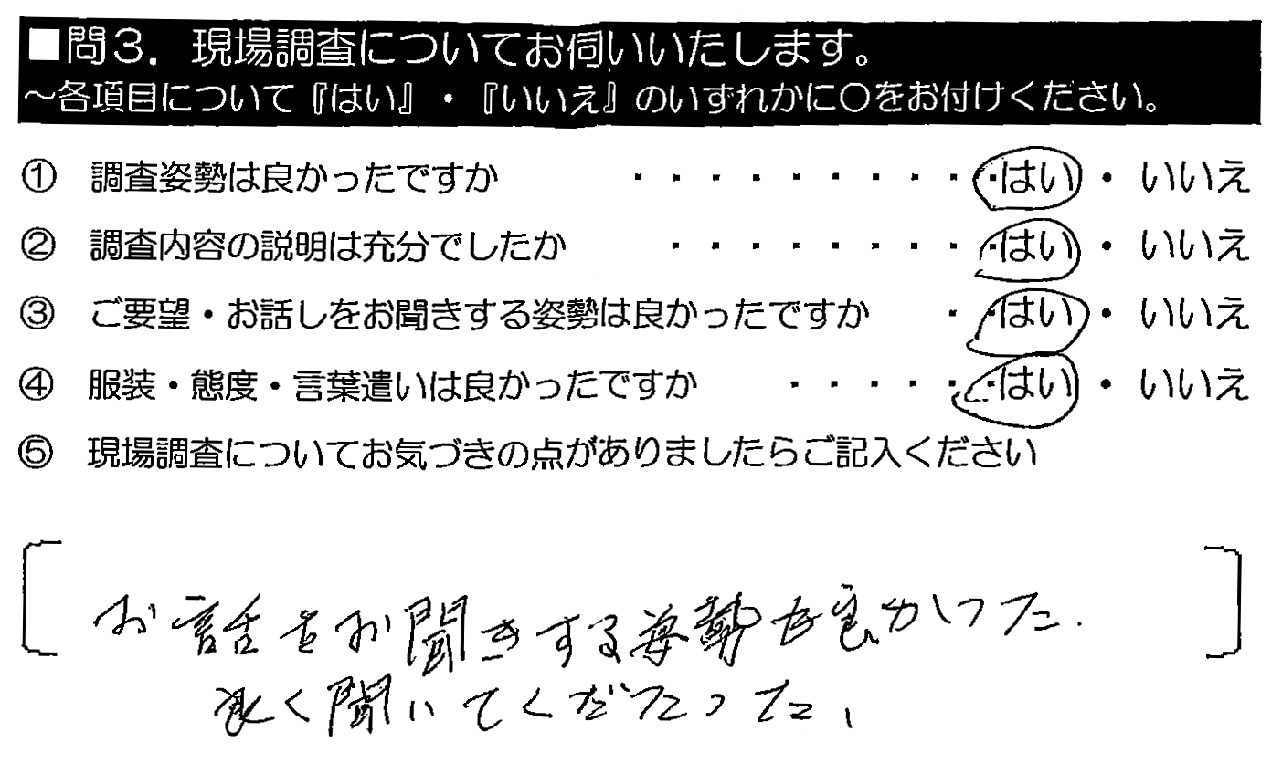 お話をお聞きする姿勢も良かった。良く聞いてくださった。