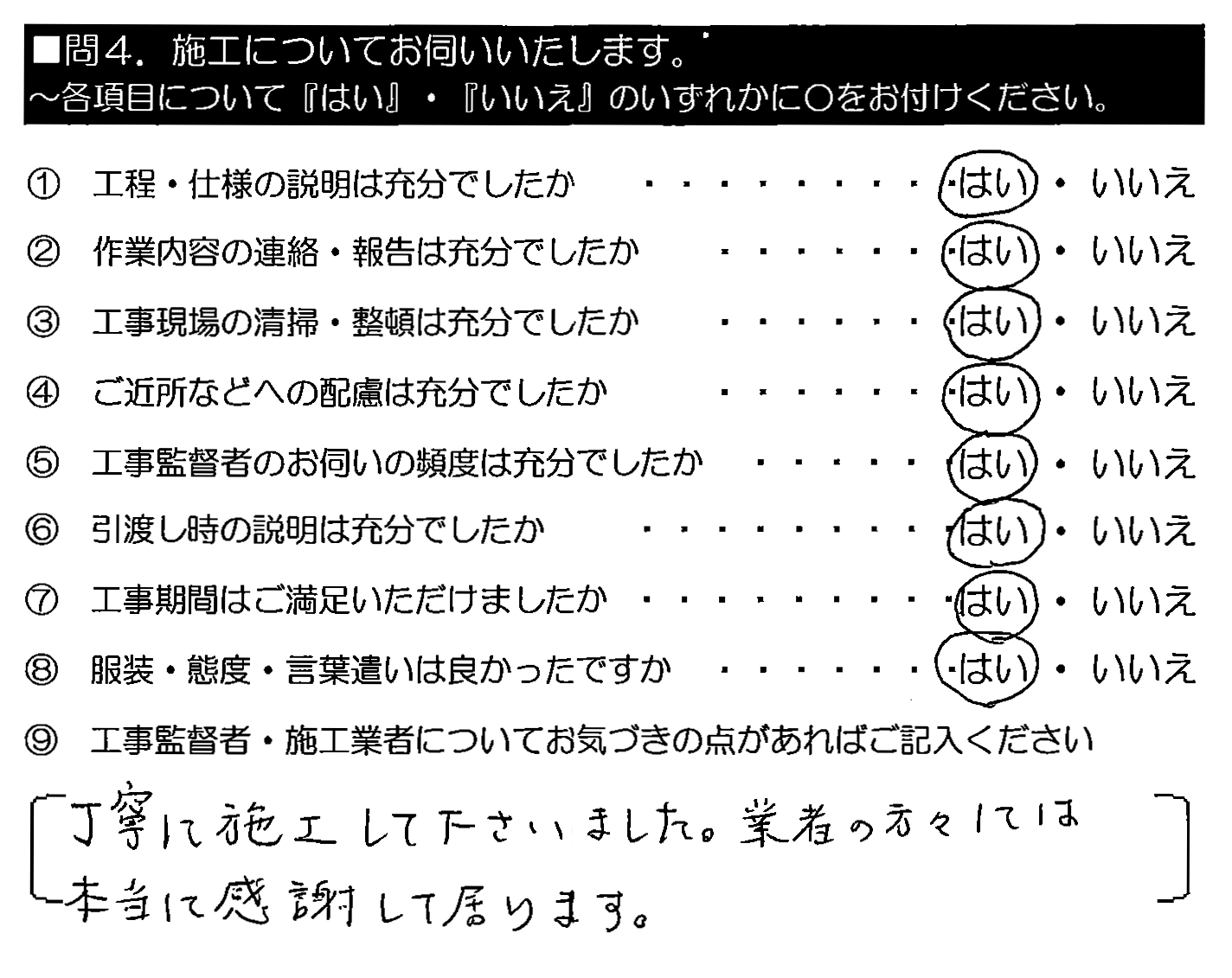 丁寧に施工して下さいました。業者の方々には本当に感謝して居ります。