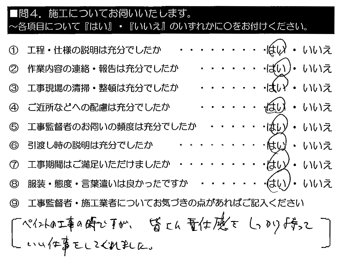 ペイントの工事の時ですが、皆さん責任感をしっかり持っていい仕事をしてくれました。