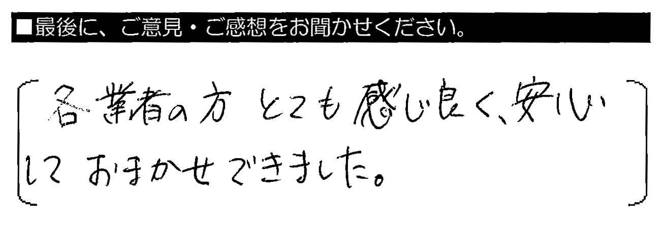 各業者の方とても感じ良く、安心しておまかせできました。