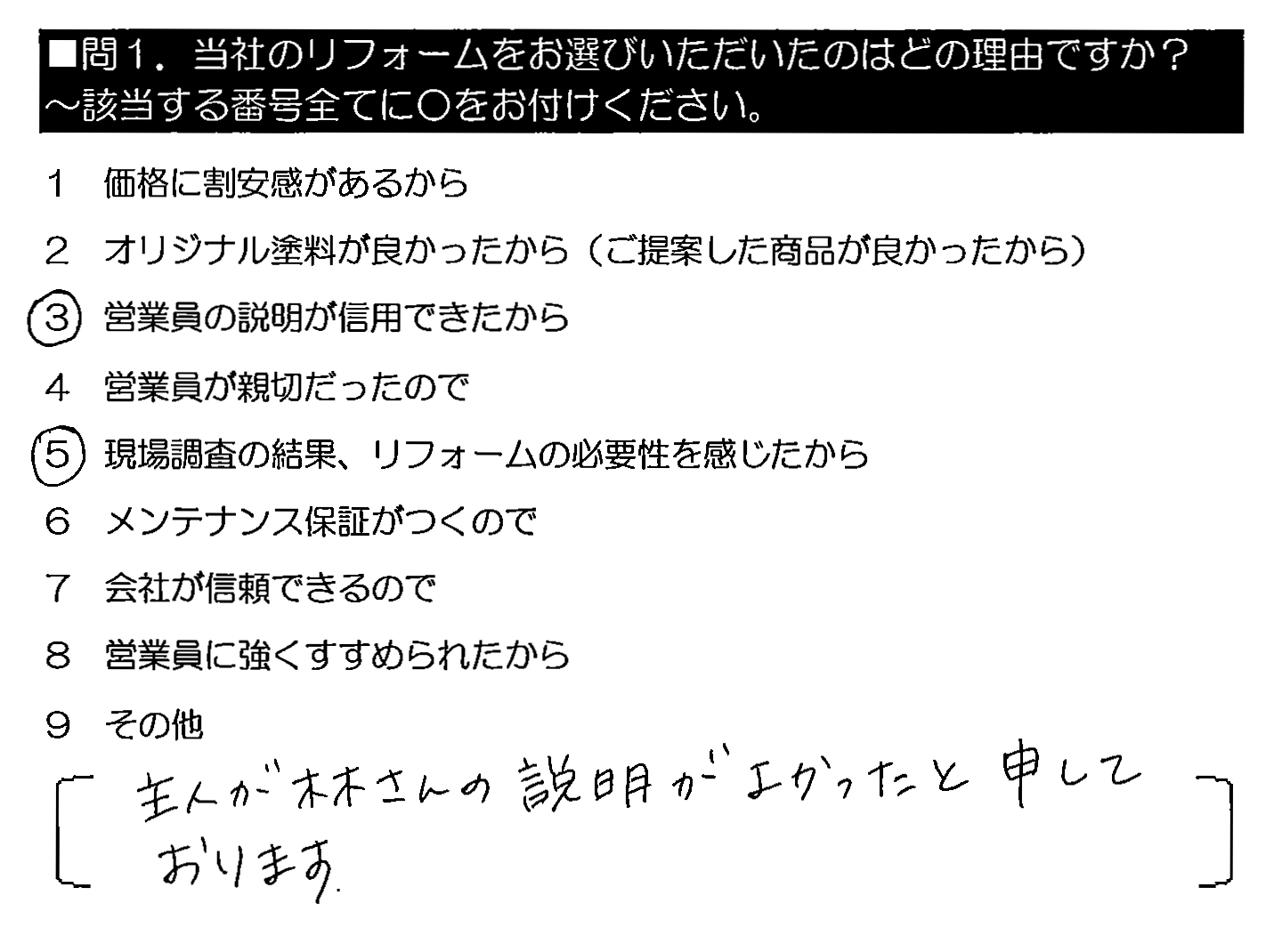 主人が林さんの説明がよかったと申しております。