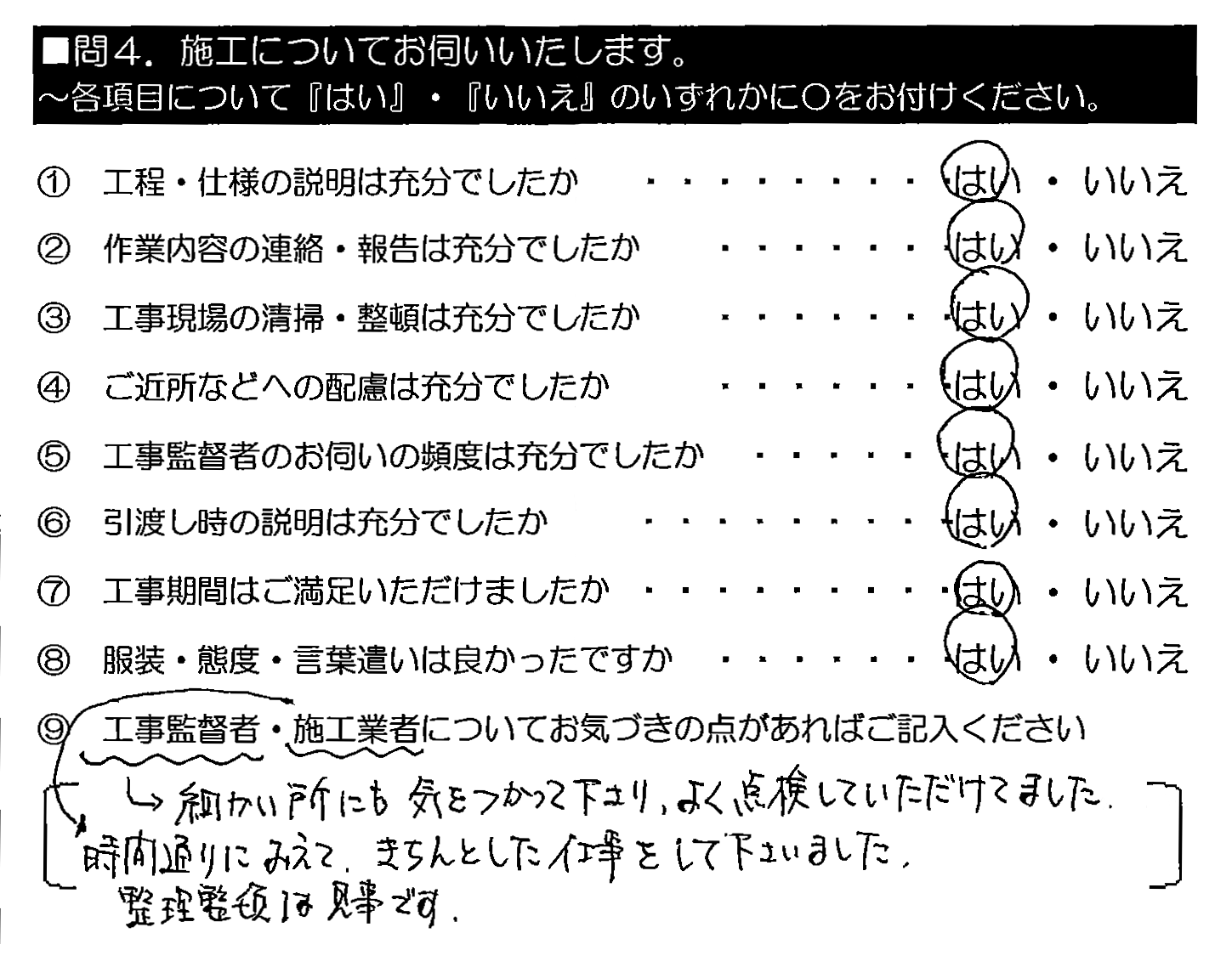 （工事監督）細かい所にも気をつかって下さり、よく点検していただけてました。（施工業者）時間通りにみえて、きちんとした仕事をして下さいました。整理整頓は見事です。