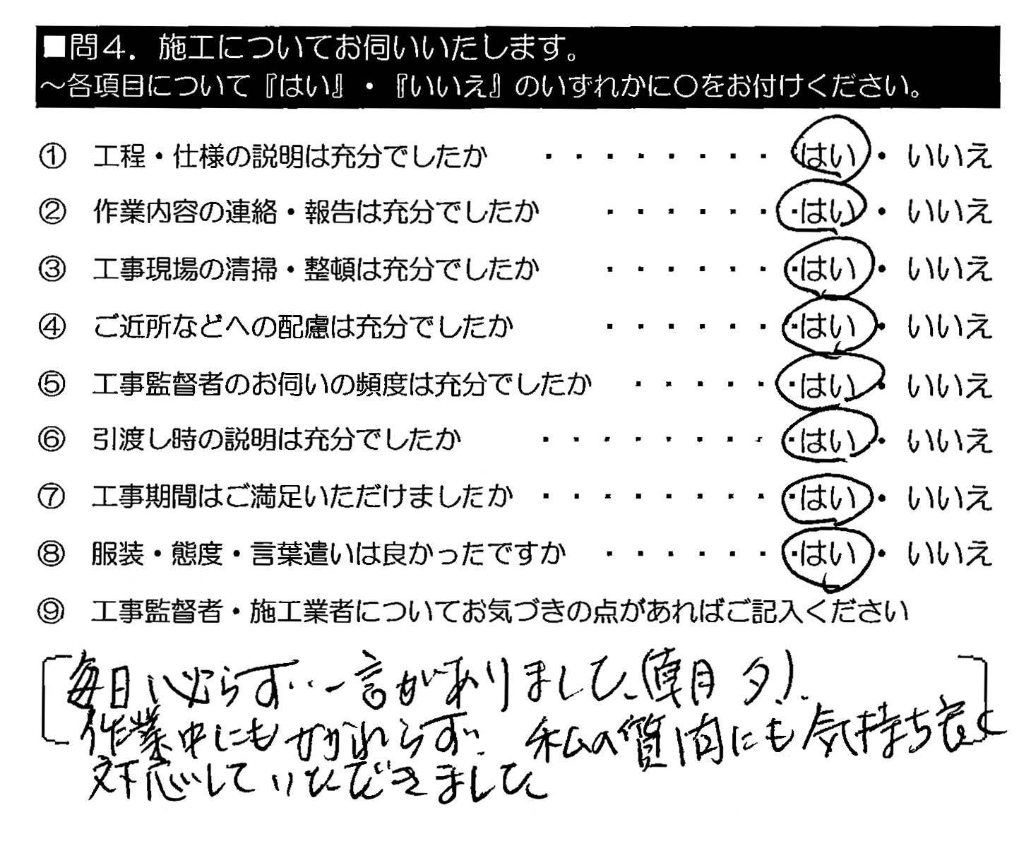 毎日必ず一言がありました（朝夕）。作業中にもかかわらず、私の質問にも気持ち良く対応していただきました。