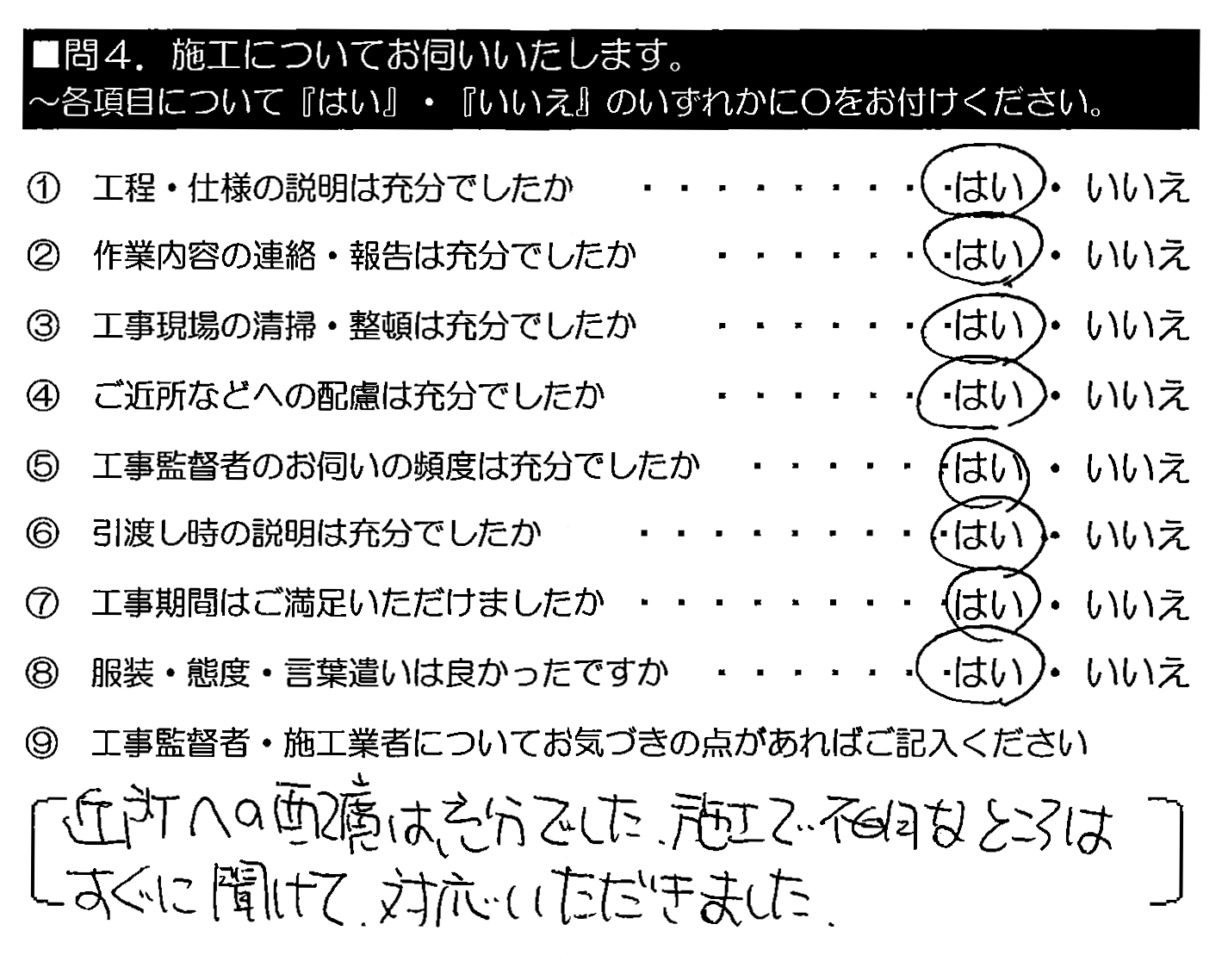 近所への配慮は充分でした。施工で不明なところはすぐに聞けて、対応いただきました。