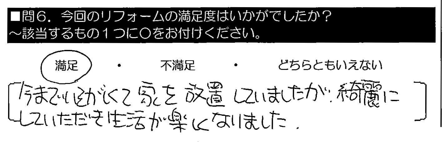 今までいそがしくて家を放置していましたが、綺麗にしていただき生活が楽しくなりました。