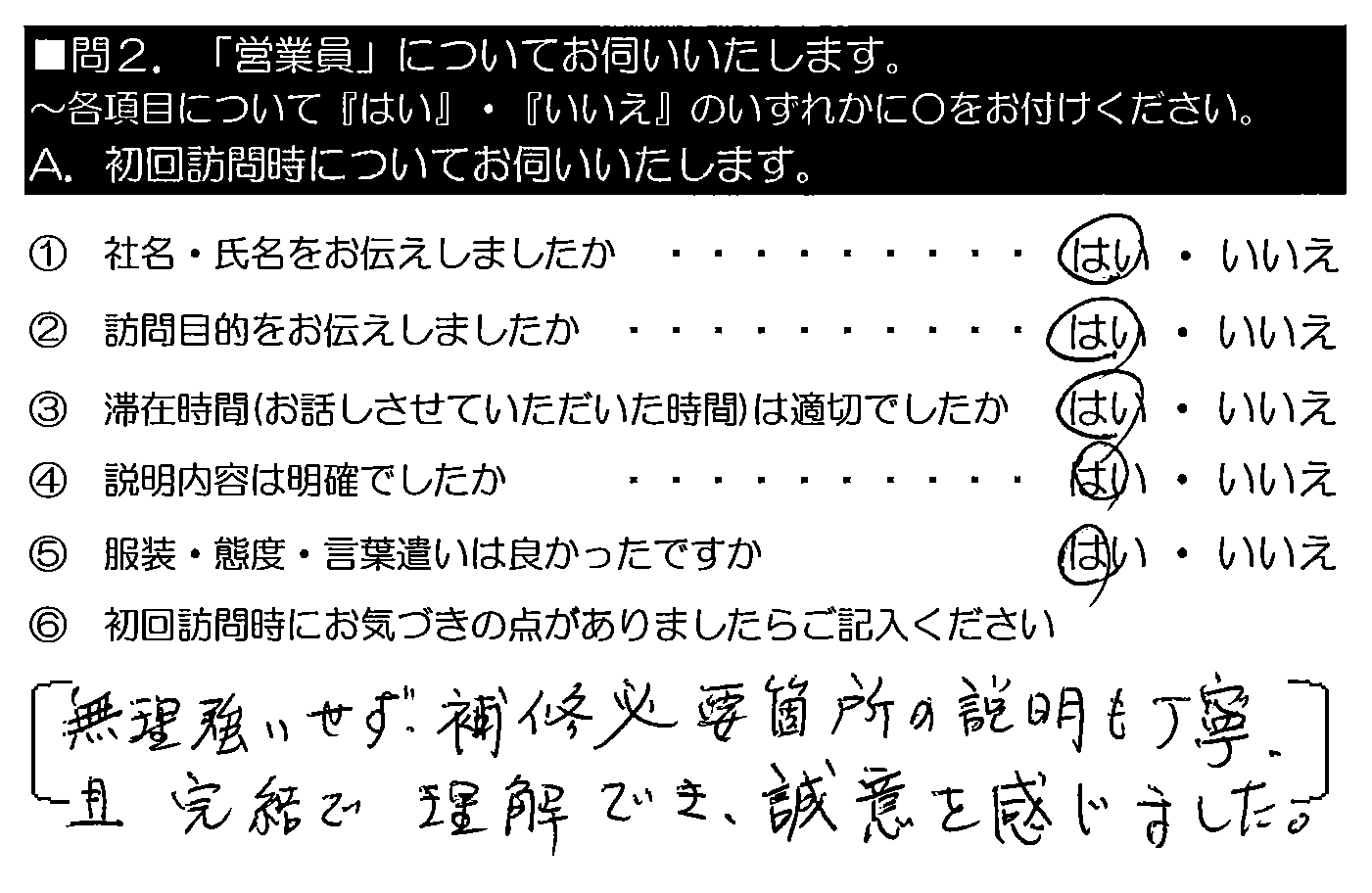 無理強いせず、補修必要箇所の説明も丁寧、且つ簡潔で理解でき、誠意を感じました。